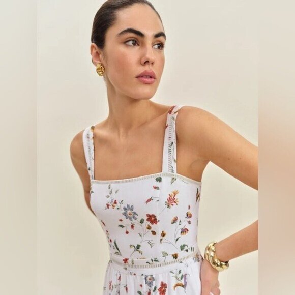 NEW Reformation Everett Linen Midi Dress Corsini White Multi Floral | US 0 UK 4 - Picture 2 of 16